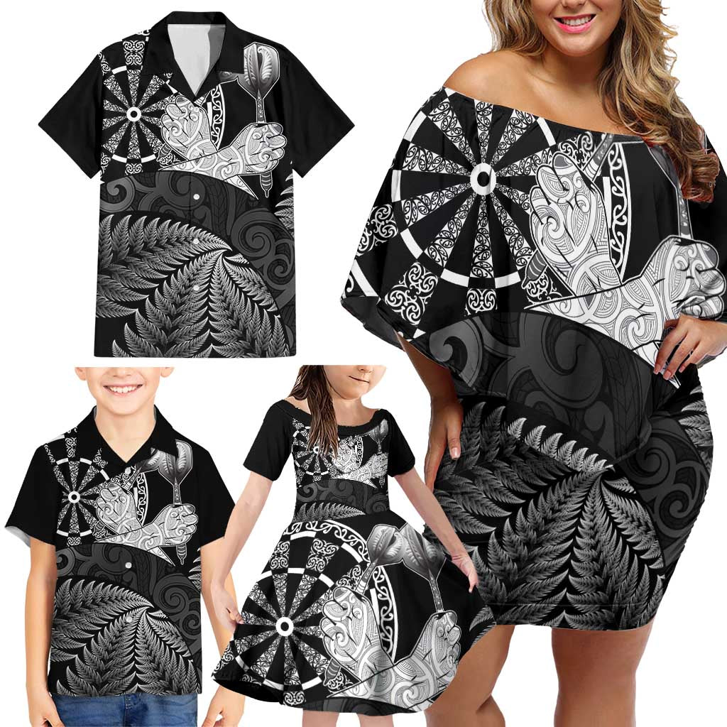 Personalised New Zealand Aotearoa Darts Masters Family Matching Off Shoulder Short Dress and Hawaiian Shirt Silver Fern and Maori Spirit - Polynesian Pride