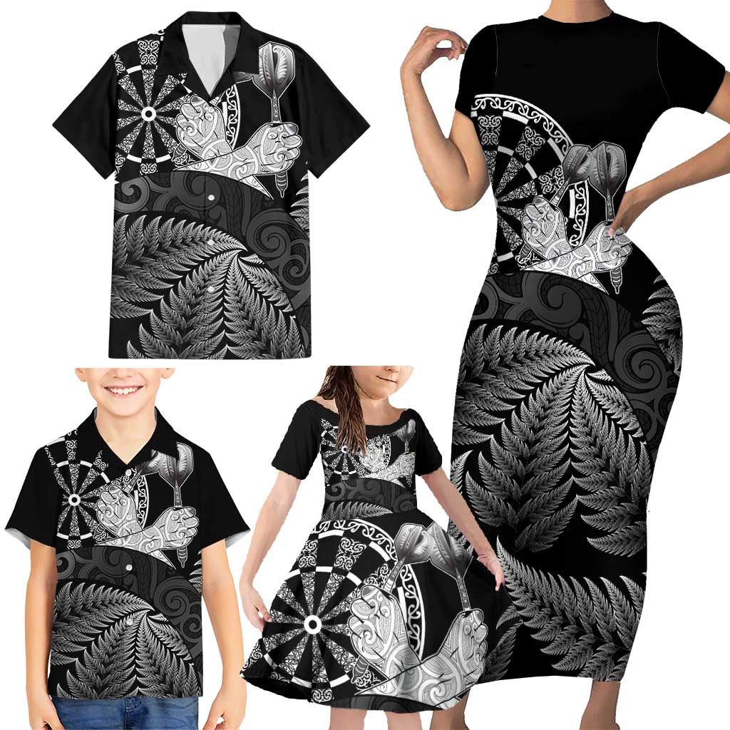 Personalised New Zealand Aotearoa Darts Masters Family Matching Short Sleeve Bodycon Dress and Hawaiian Shirt Silver Fern and Maori Spirit - Polynesian Pride