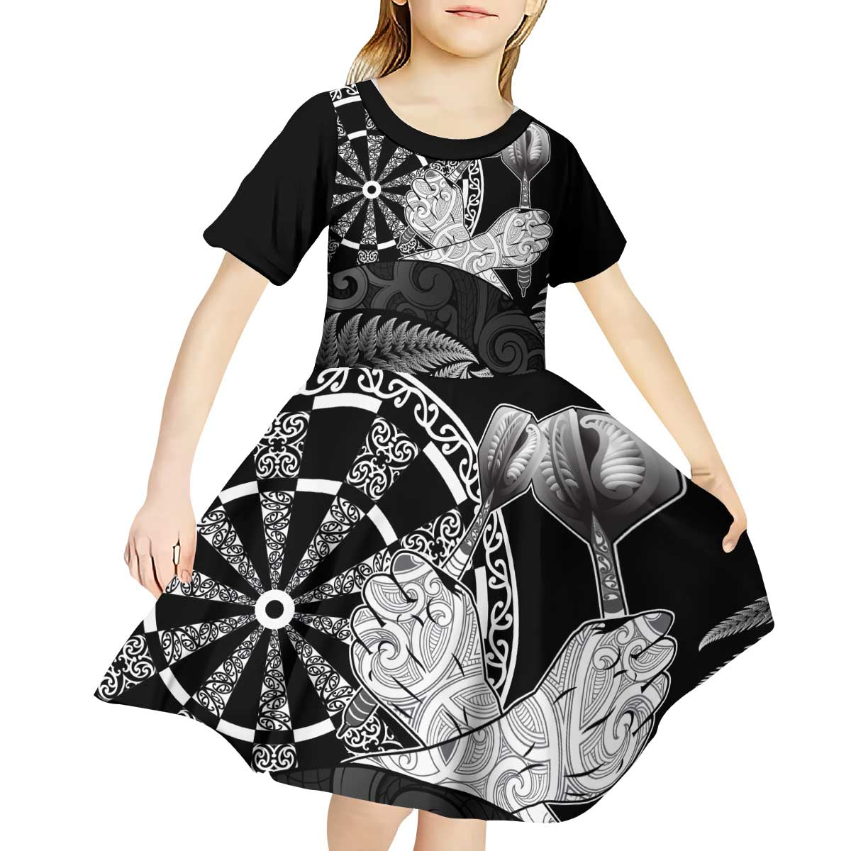 Personalised New Zealand Aotearoa Darts Masters Kid Short Sleeve Dress Silver Fern and Maori Spirit - Polynesian Pride