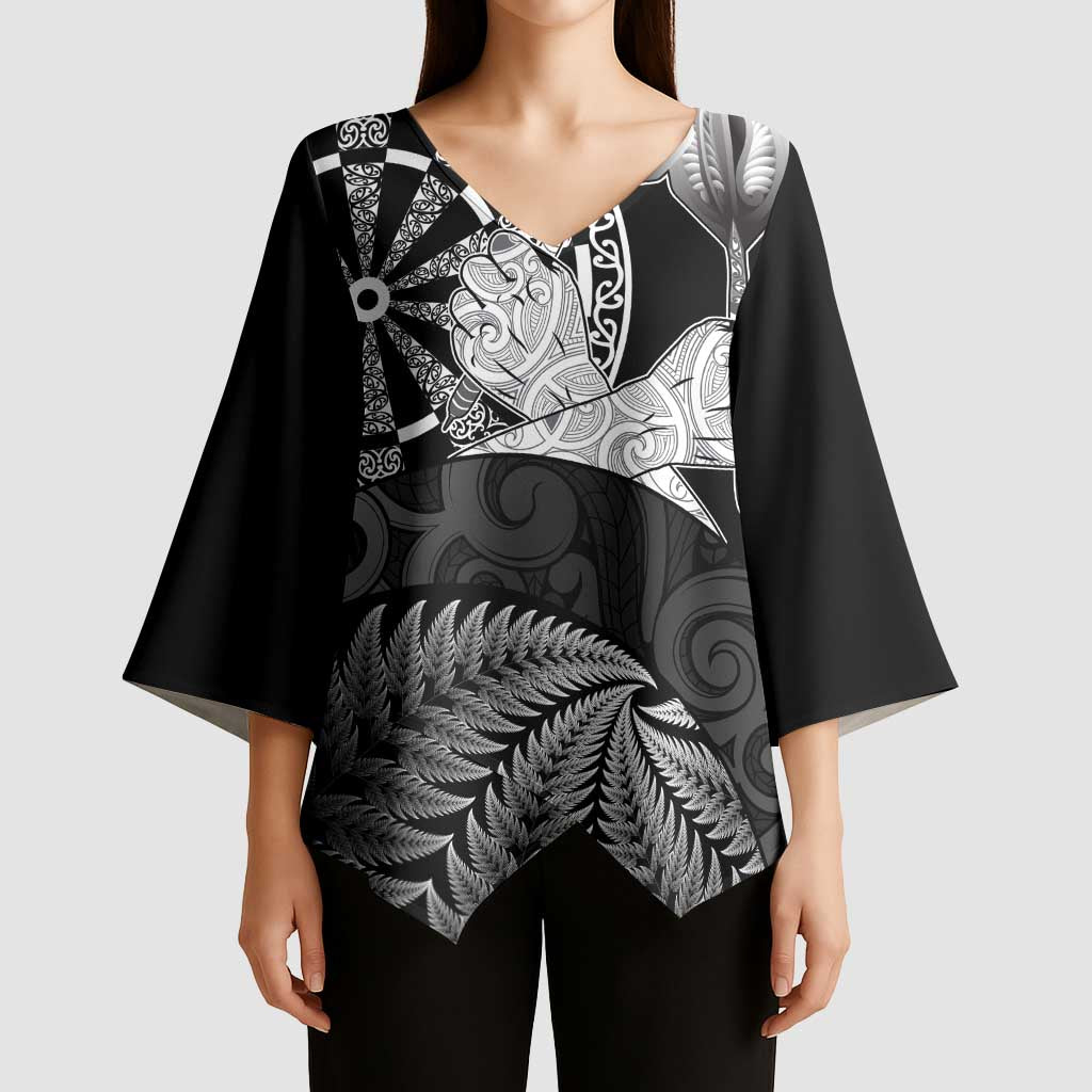Personalised New Zealand Aotearoa Darts Masters Kimono Sleeve Blouse Silver Fern and Maori Spirit - Polynesian Pride