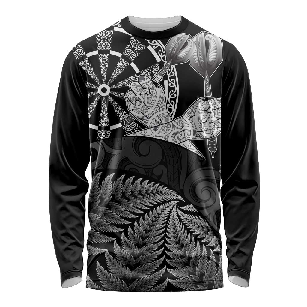Personalised New Zealand Aotearoa Darts Masters Long Sleeve Shirt Silver Fern and Maori Spirit - Polynesian Pride