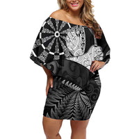 Personalised New Zealand Aotearoa Darts Masters Off Shoulder Short Dress Silver Fern and Maori Spirit - Polynesian Pride