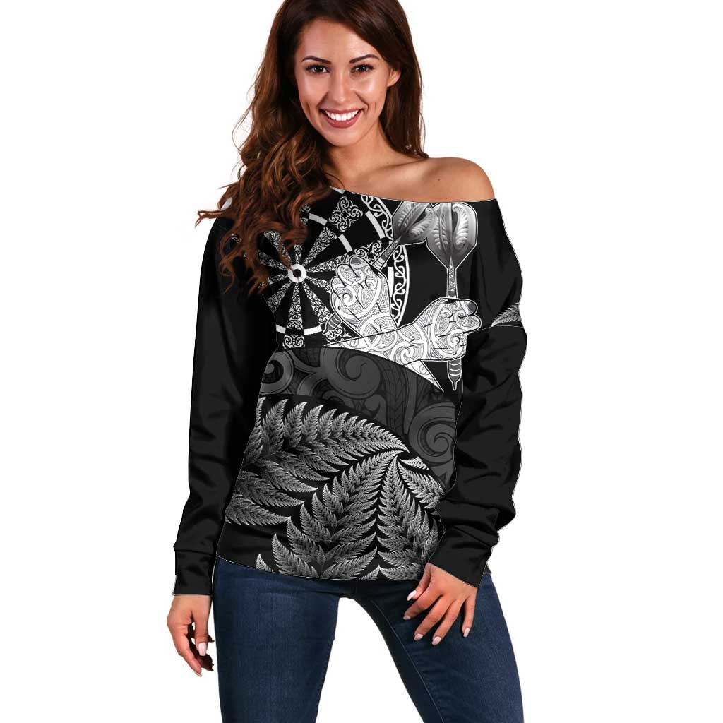 Personalised New Zealand Aotearoa Darts Masters Off Shoulder Sweater Silver Fern and Maori Spirit - Polynesian Pride