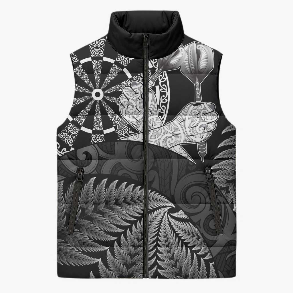 Personalised New Zealand Aotearoa Darts Masters Sleeveless Puffer Jacket Silver Fern and Maori Spirit - Polynesian Pride