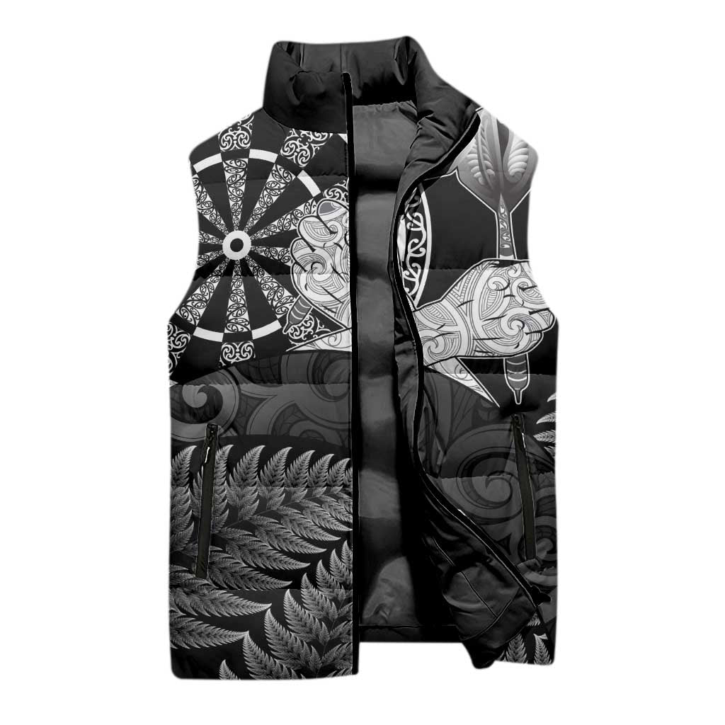 Personalised New Zealand Aotearoa Darts Masters Sleeveless Puffer Jacket Silver Fern and Maori Spirit - Polynesian Pride