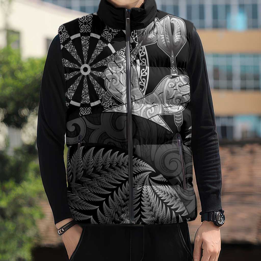 Personalised New Zealand Aotearoa Darts Masters Sleeveless Puffer Jacket Silver Fern and Maori Spirit - Polynesian Pride