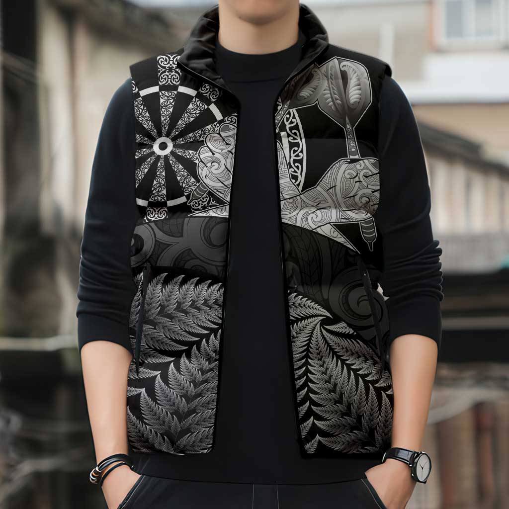 Personalised New Zealand Aotearoa Darts Masters Sleeveless Puffer Jacket Silver Fern and Maori Spirit - Polynesian Pride
