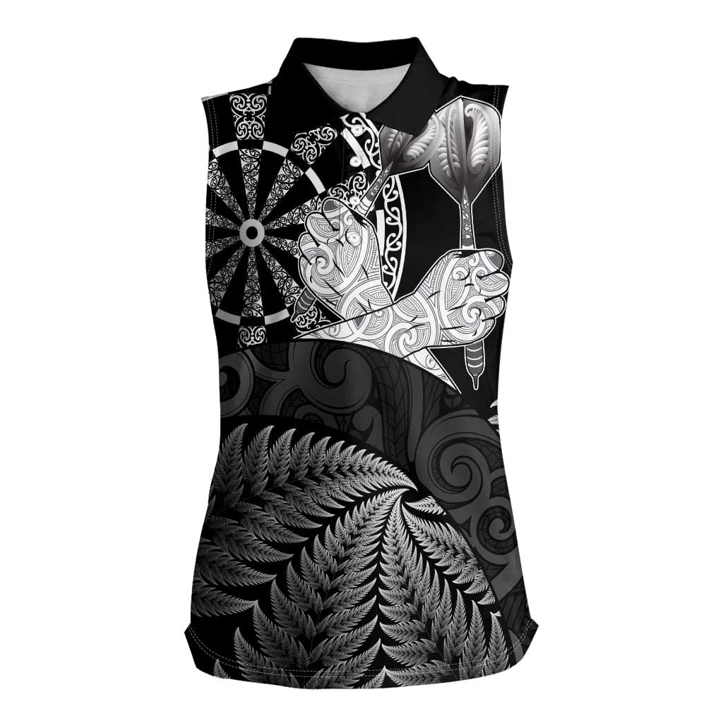 Personalised New Zealand Aotearoa Darts Masters Women Sleeveless Polo Shirt Silver Fern and Maori Spirit - Polynesian Pride