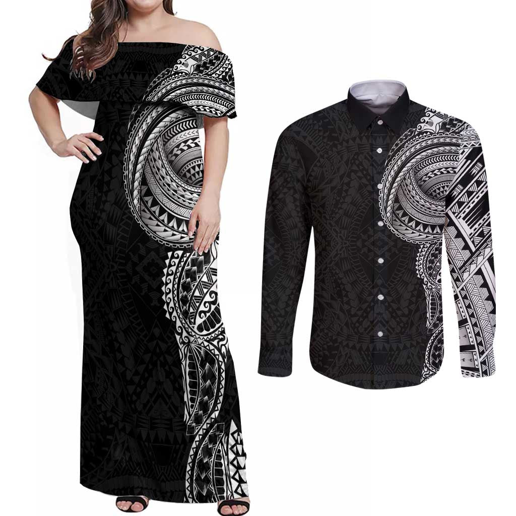 Traditional Polynesian Art Tattoos Couples Matching Off Shoulder Maxi Dress and Long Sleeve Button Shirt Black Color - Polynesian Pride