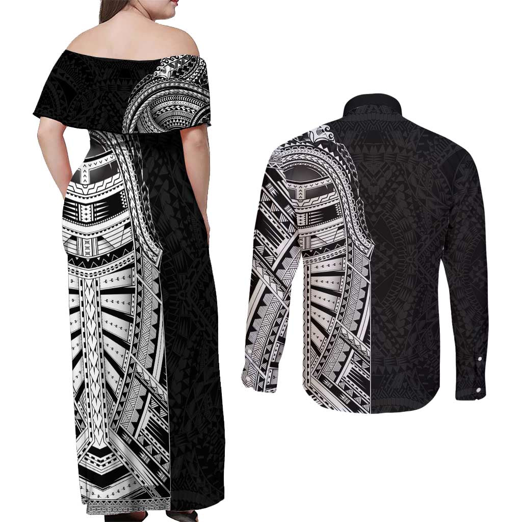 Traditional Polynesian Art Tattoos Couples Matching Off Shoulder Maxi Dress and Long Sleeve Button Shirt Black Color - Polynesian Pride