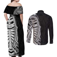 Traditional Polynesian Art Tattoos Couples Matching Off Shoulder Maxi Dress and Long Sleeve Button Shirt Black Color - Polynesian Pride