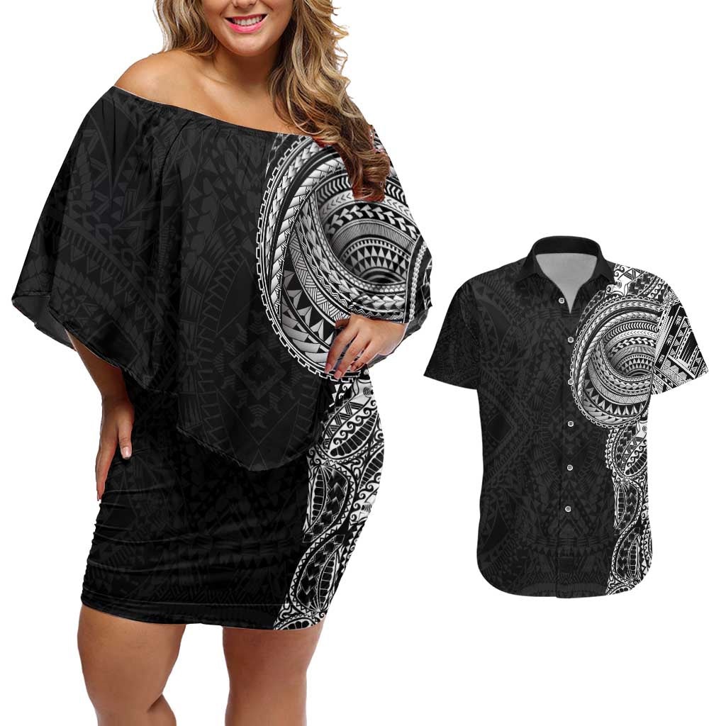 Traditional Polynesian Art Tattoos Couples Matching Off Shoulder Short Dress and Hawaiian Shirt Black Color - Polynesian Pride