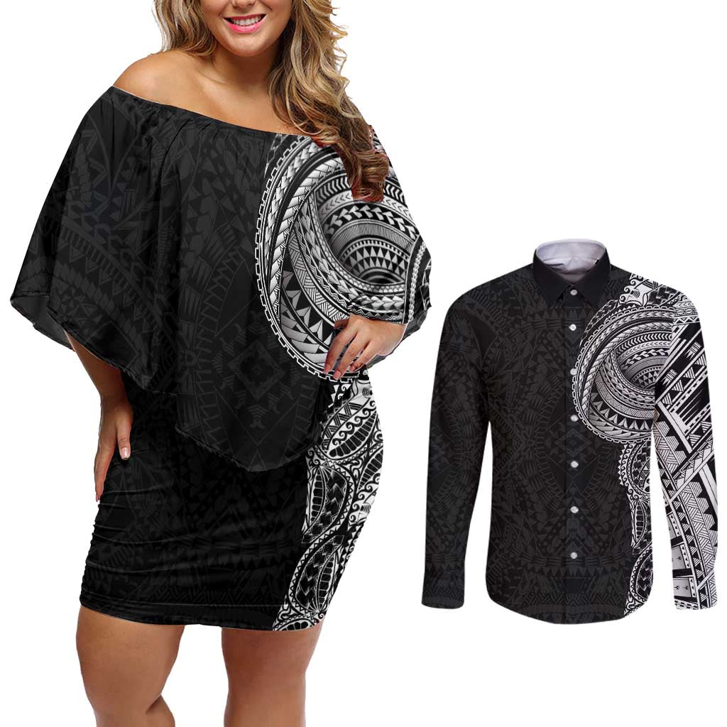 Traditional Polynesian Art Tattoos Couples Matching Off Shoulder Short Dress and Long Sleeve Button Shirt Black Color - Polynesian Pride