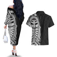 Traditional Polynesian Art Tattoos Couples Matching Off The Shoulder Long Sleeve Dress and Hawaiian Shirt Black Color - Polynesian Pride