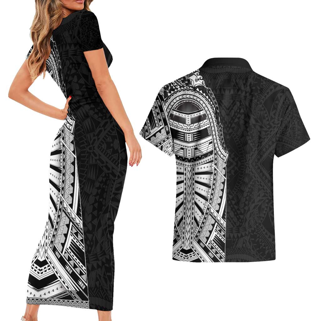 Traditional Polynesian Art Tattoos Couples Matching Short Sleeve Bodycon Dress and Hawaiian Shirt Black Color - Polynesian Pride
