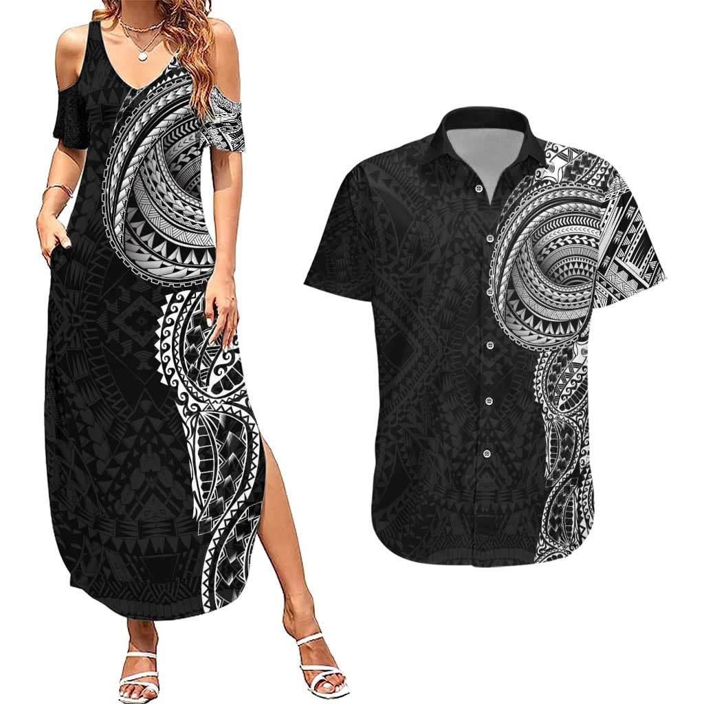Traditional Polynesian Art Tattoos Couples Matching Summer Maxi Dress and Hawaiian Shirt Black Color - Polynesian Pride