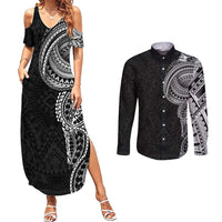Traditional Polynesian Art Tattoos Couples Matching Summer Maxi Dress and Long Sleeve Button Shirt Black Color - Polynesian Pride