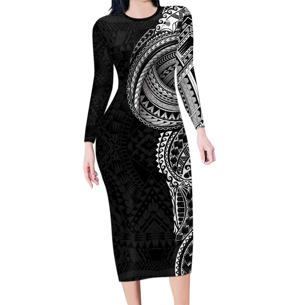 Traditional Polynesian Art Tattoos Family Matching Long Sleeve Bodycon Dress and Hawaiian Shirt Black Color - Polynesian Pride