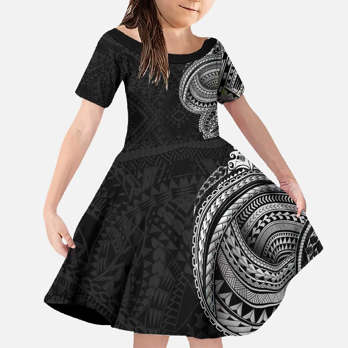 Traditional Polynesian Art Tattoos Family Matching Off The Shoulder Long Sleeve Dress and Hawaiian Shirt Black Color - Polynesian Pride