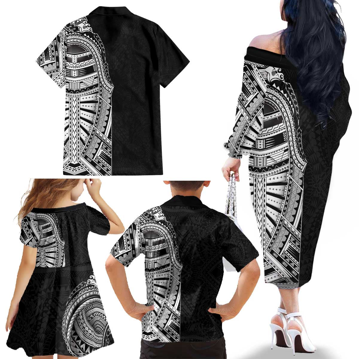 Traditional Polynesian Art Tattoos Family Matching Off The Shoulder Long Sleeve Dress and Hawaiian Shirt Black Color - Polynesian Pride