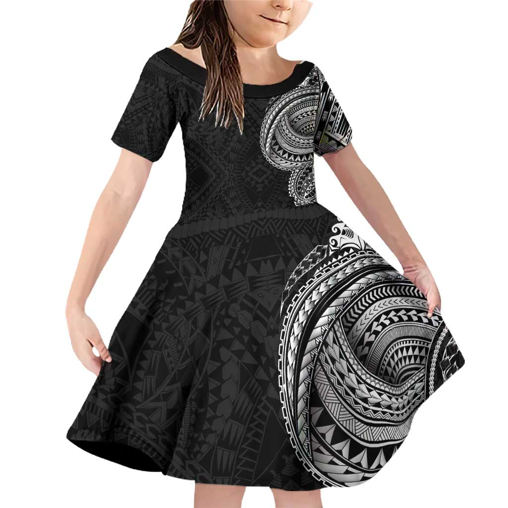 Traditional Polynesian Art Tattoos Family Matching Off Shoulder Short Dress and Hawaiian Shirt Black Color - Polynesian Pride