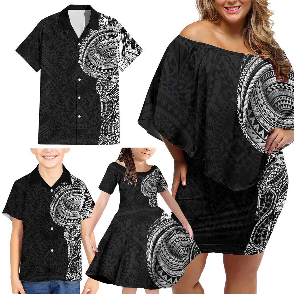 Traditional Polynesian Art Tattoos Family Matching Off Shoulder Short Dress and Hawaiian Shirt Black Color - Polynesian Pride