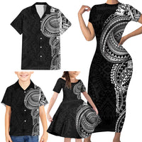 Traditional Polynesian Art Tattoos Family Matching Short Sleeve Bodycon Dress and Hawaiian Shirt Black Color - Polynesian Pride
