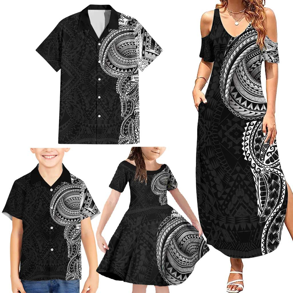 Traditional Polynesian Art Tattoos Family Matching Summer Maxi Dress and Hawaiian Shirt Black Color - Polynesian Pride