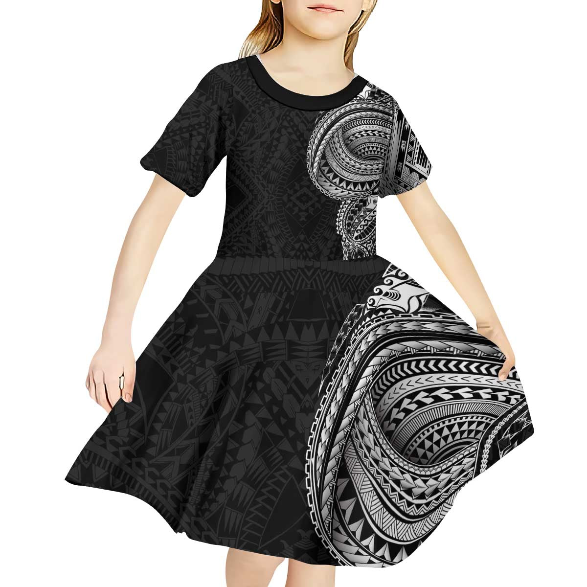 Traditional Polynesian Art Tattoos Kid Short Sleeve Dress Black Color - Polynesian Pride