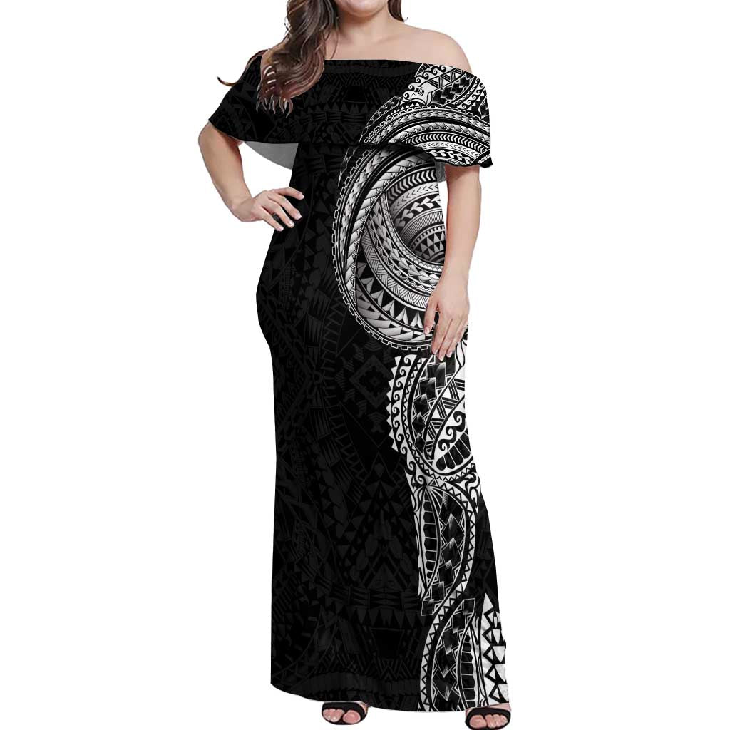 Traditional Polynesian Art Tattoos Off Shoulder Maxi Dress Black Color - Polynesian Pride