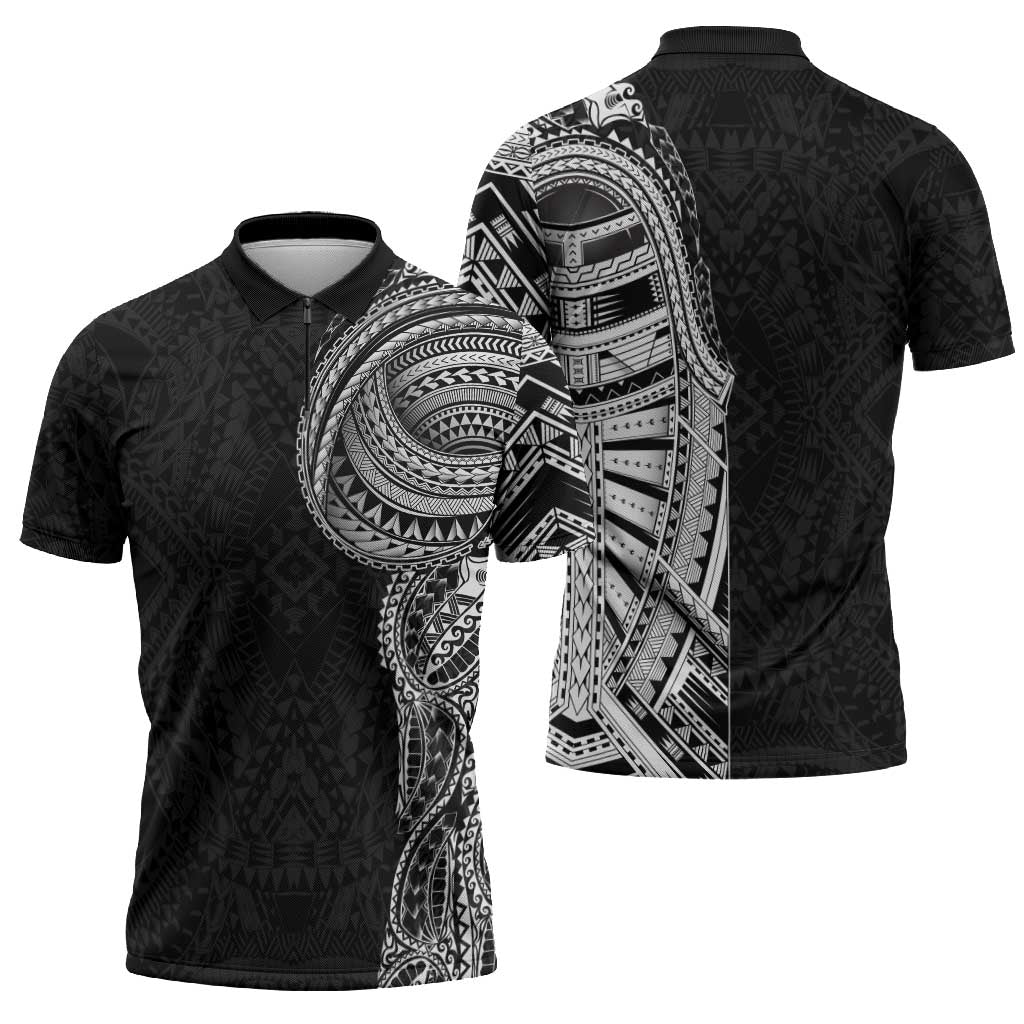 Traditional Polynesian Art Tattoos Zipper Polo Shirt Black Color - Polynesian Pride