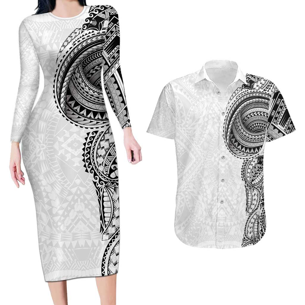 Traditional Polynesian Art Tattoos Couples Matching Long Sleeve Bodycon Dress and Hawaiian Shirt White Color - Polynesian Pride
