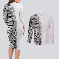 Traditional Polynesian Art Tattoos Couples Matching Long Sleeve Bodycon Dress and Long Sleeve Button Shirt White Color LT03 - Polynesian Pride