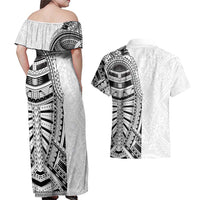 Traditional Polynesian Art Tattoos Couples Matching Off Shoulder Maxi Dress and Hawaiian Shirt White Color - Polynesian Pride