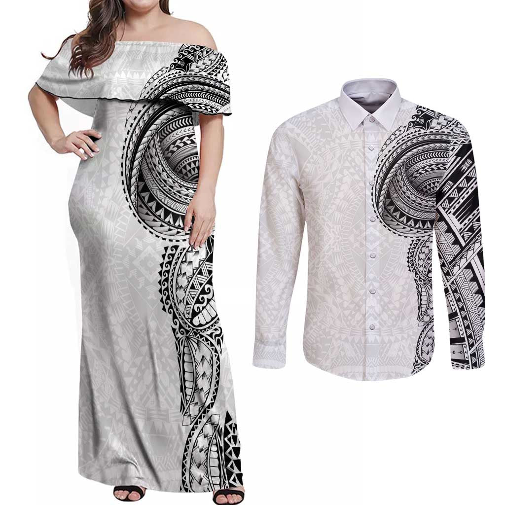 Traditional Polynesian Art Tattoos Couples Matching Off Shoulder Maxi Dress and Long Sleeve Button Shirt White Color - Polynesian Pride