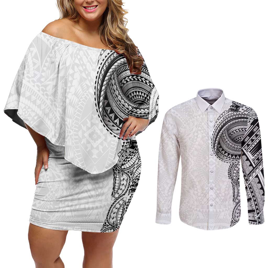 Traditional Polynesian Art Tattoos Couples Matching Off Shoulder Short Dress and Long Sleeve Button Shirt White Color - Polynesian Pride