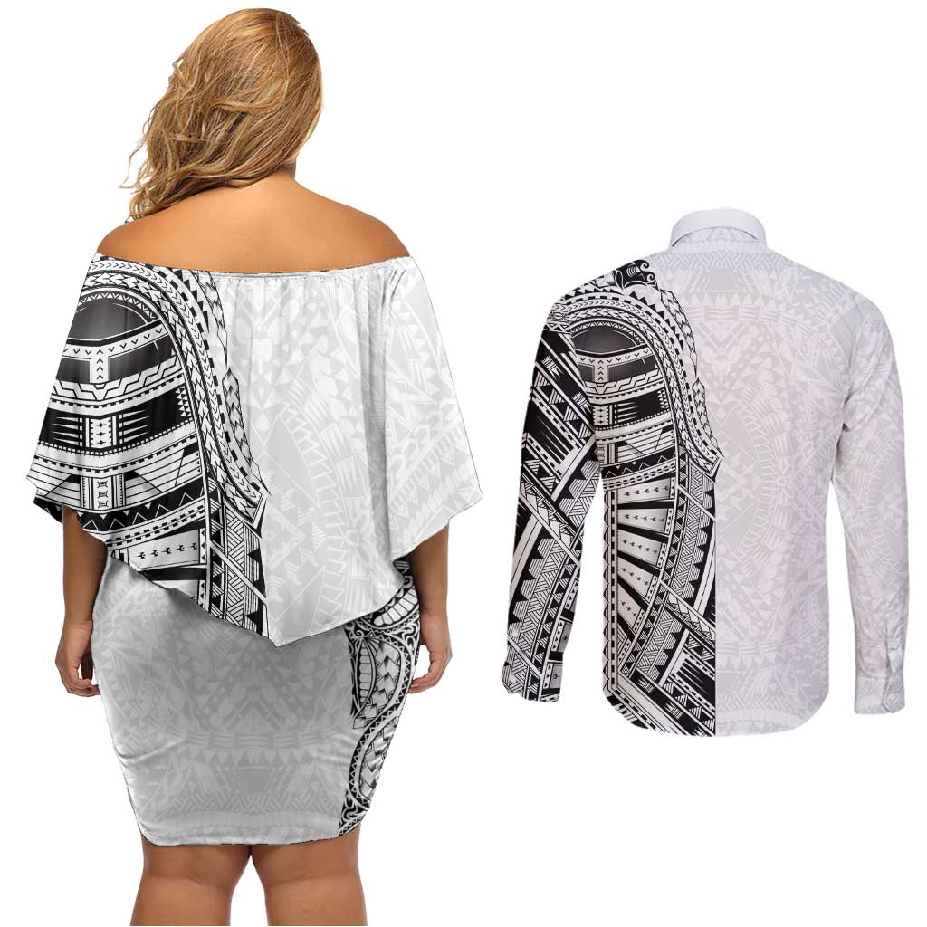 Traditional Polynesian Art Tattoos Couples Matching Off Shoulder Short Dress and Long Sleeve Button Shirt White Color - Polynesian Pride