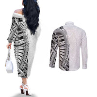 Traditional Polynesian Art Tattoos Couples Matching Off The Shoulder Long Sleeve Dress and Long Sleeve Button Shirt White Color - Polynesian Pride