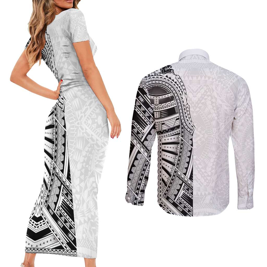 Traditional Polynesian Art Tattoos Couples Matching Short Sleeve Bodycon Dress and Long Sleeve Button Shirt White Color LT03 - Polynesian Pride