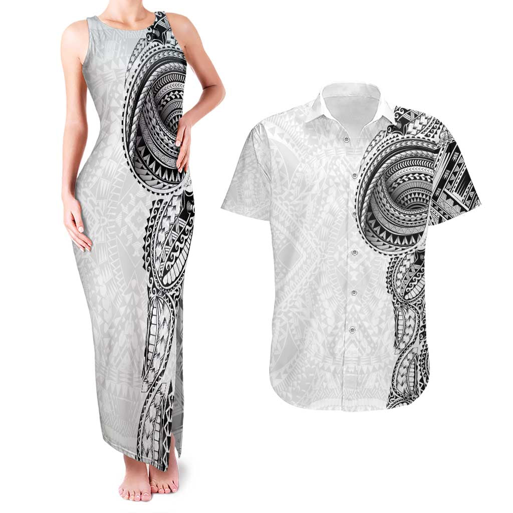 Traditional Polynesian Art Tattoos Couples Matching Tank Maxi Dress and Hawaiian Shirt White Color - Polynesian Pride