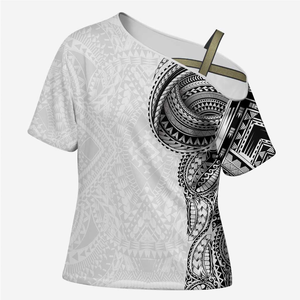 Traditional Polynesian Art Tattoos Cross Shoulder Shirt White Color - Polynesian Pride