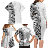Traditional Polynesian Art Tattoos Family Matching Long Sleeve Bodycon Dress and Hawaiian Shirt White Color - Polynesian Pride