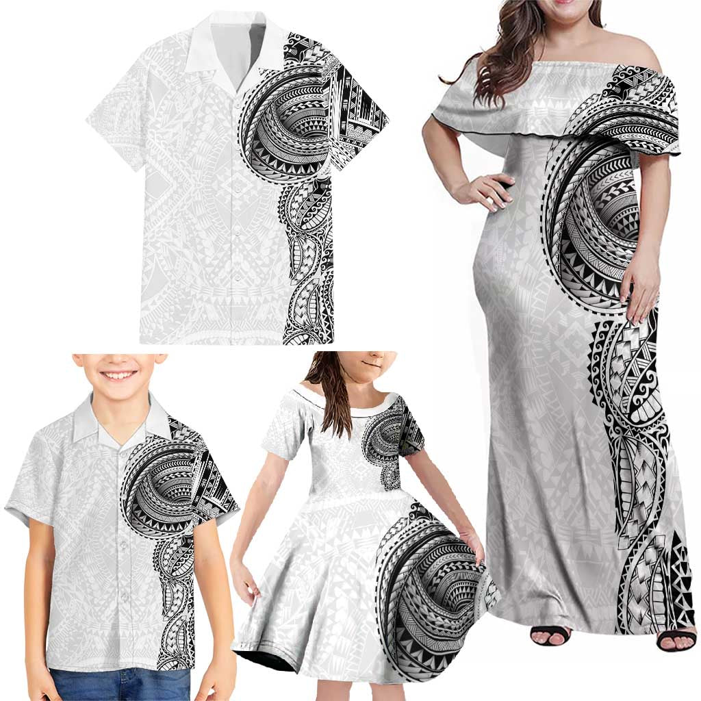 Traditional Polynesian Art Tattoos Family Matching Off Shoulder Maxi Dress and Hawaiian Shirt White Color - Polynesian Pride
