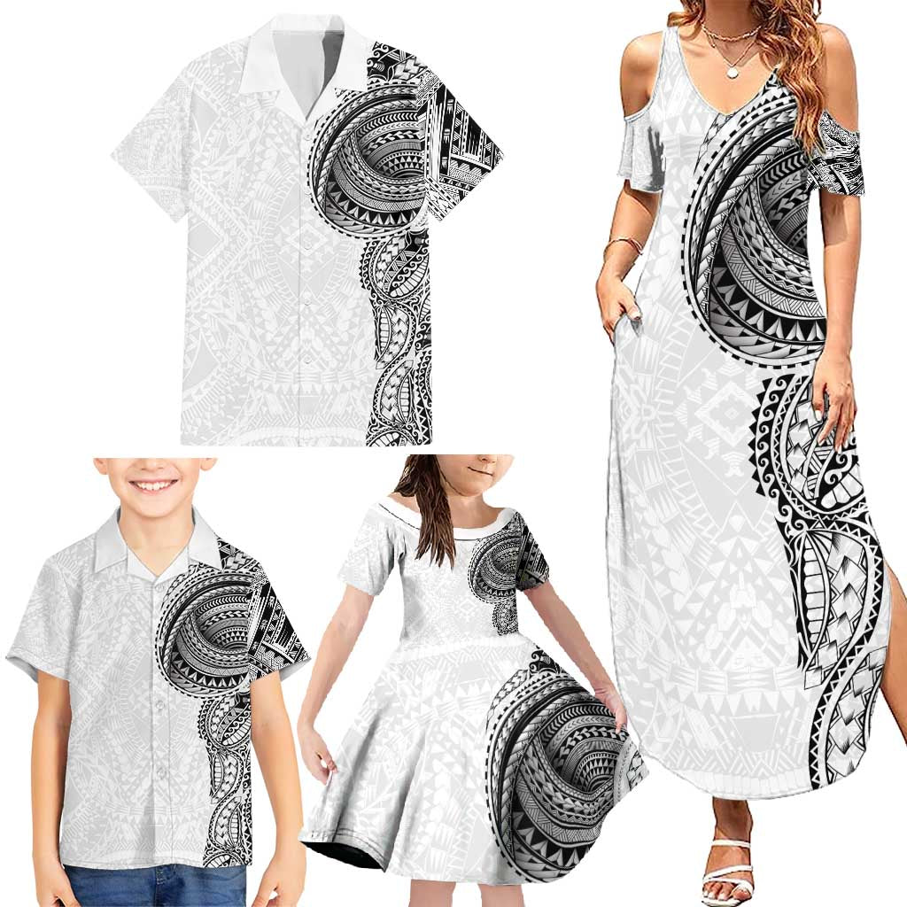 Traditional Polynesian Art Tattoos Family Matching Summer Maxi Dress and Hawaiian Shirt White Color - Polynesian Pride