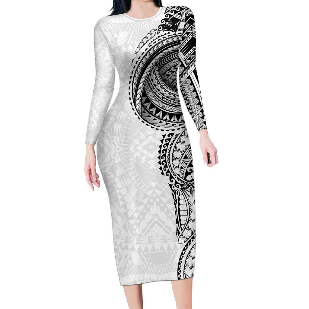 Traditional Polynesian Art Tattoos Long Sleeve Bodycon Dress White Color - Polynesian Pride