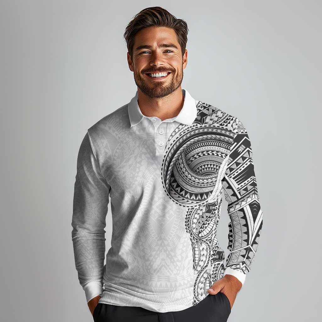 Traditional Polynesian Art Tattoos Long Sleeve Polo Shirt White Color - Polynesian Pride