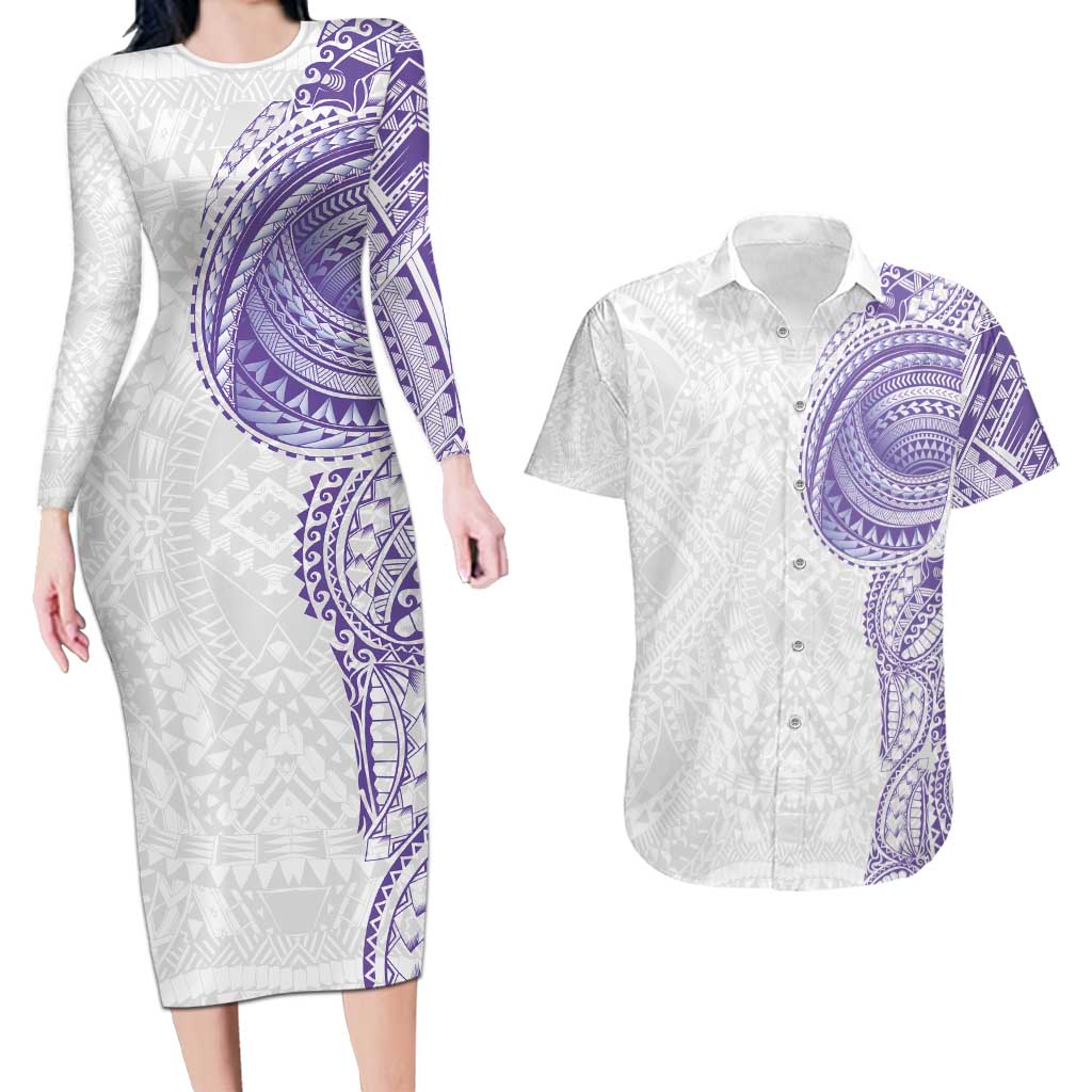 Traditional Polynesian Art Tattoos Couples Matching Long Sleeve Bodycon Dress and Hawaiian Shirt Purple Color - Polynesian Pride