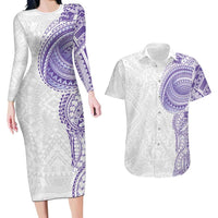 Traditional Polynesian Art Tattoos Couples Matching Long Sleeve Bodycon Dress and Hawaiian Shirt Purple Color - Polynesian Pride