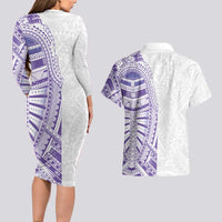 Traditional Polynesian Art Tattoos Couples Matching Long Sleeve Bodycon Dress and Hawaiian Shirt Purple Color - Polynesian Pride