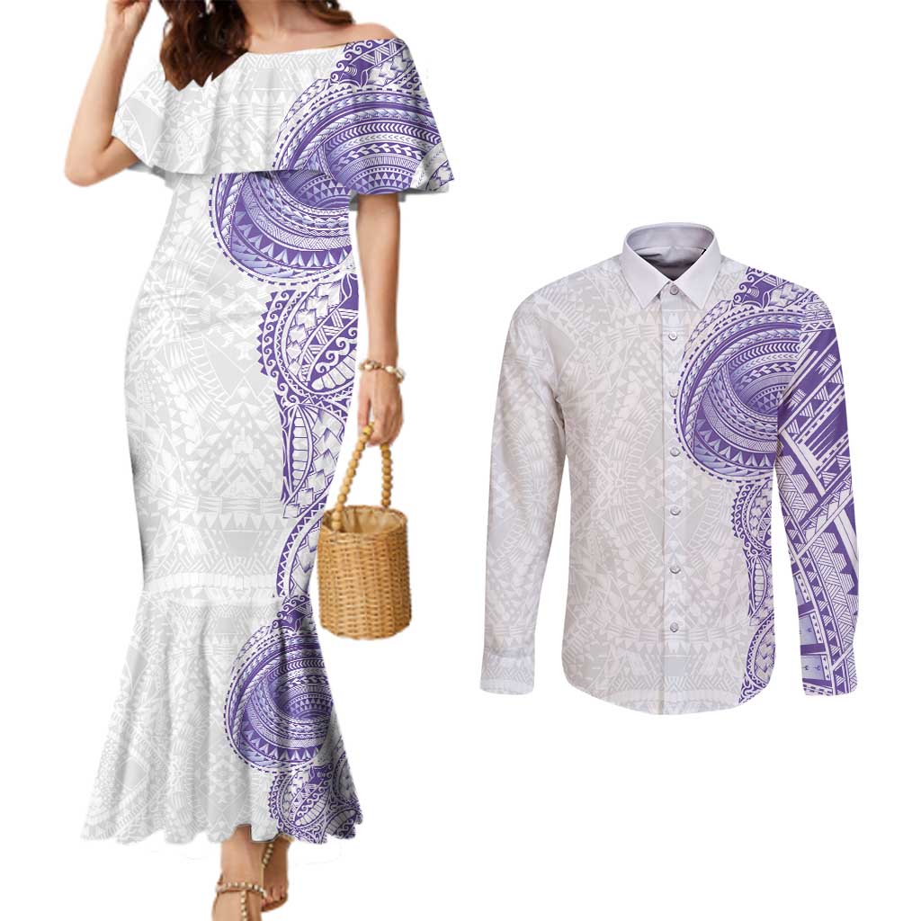 Traditional Polynesian Art Tattoos Couples Matching Mermaid Dress and Long Sleeve Button Shirt Purple Color - Polynesian Pride